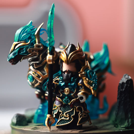 Guan Yu & Armored Warhorse Set — 48mm Hand-Painted Imperial Jade Resin Statuette